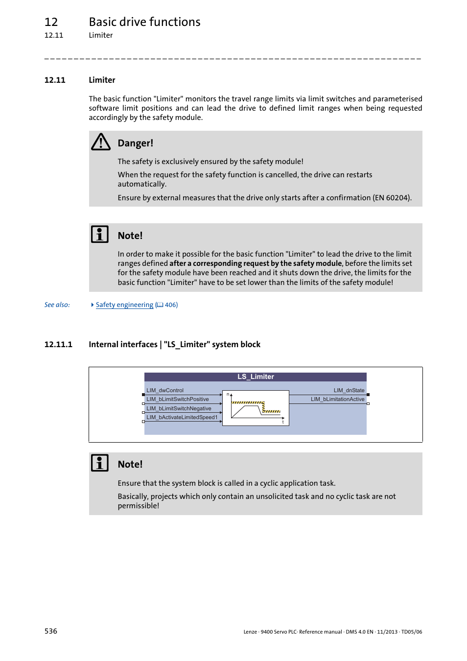 11 limiter, 1 internal interfaces | "ls_limiter" system block, Limiter | Tion, E basic function, Nction, Basic function, 12 basic drive functions | Lenze E94AxPExxxx User Manual | Page 536 / 976