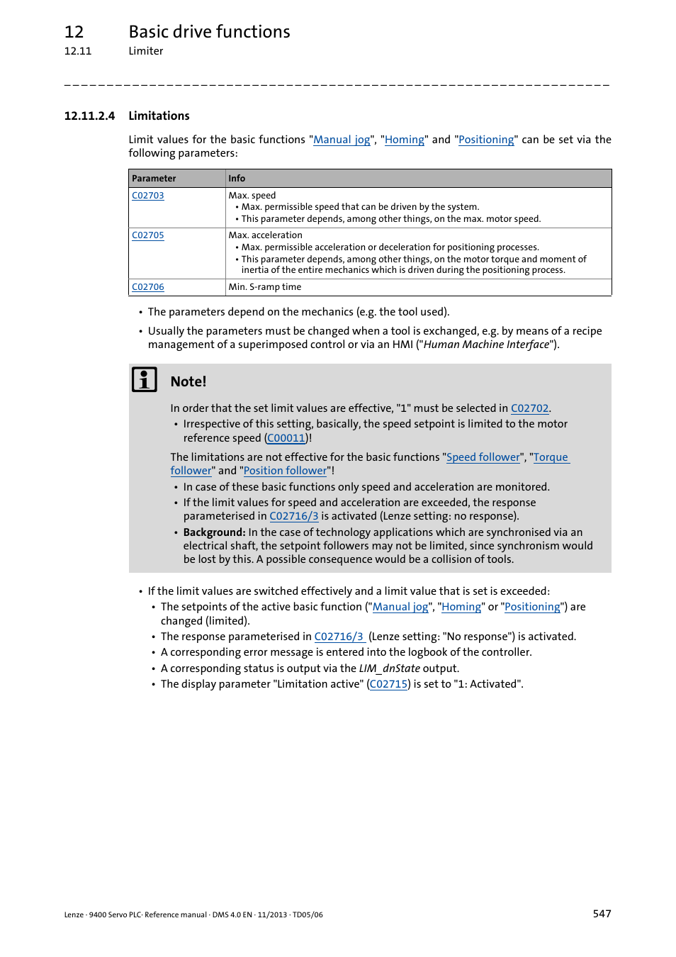 4 limitations, 12 basic drive functions | Lenze E94AxPExxxx User Manual | Page 547 / 976