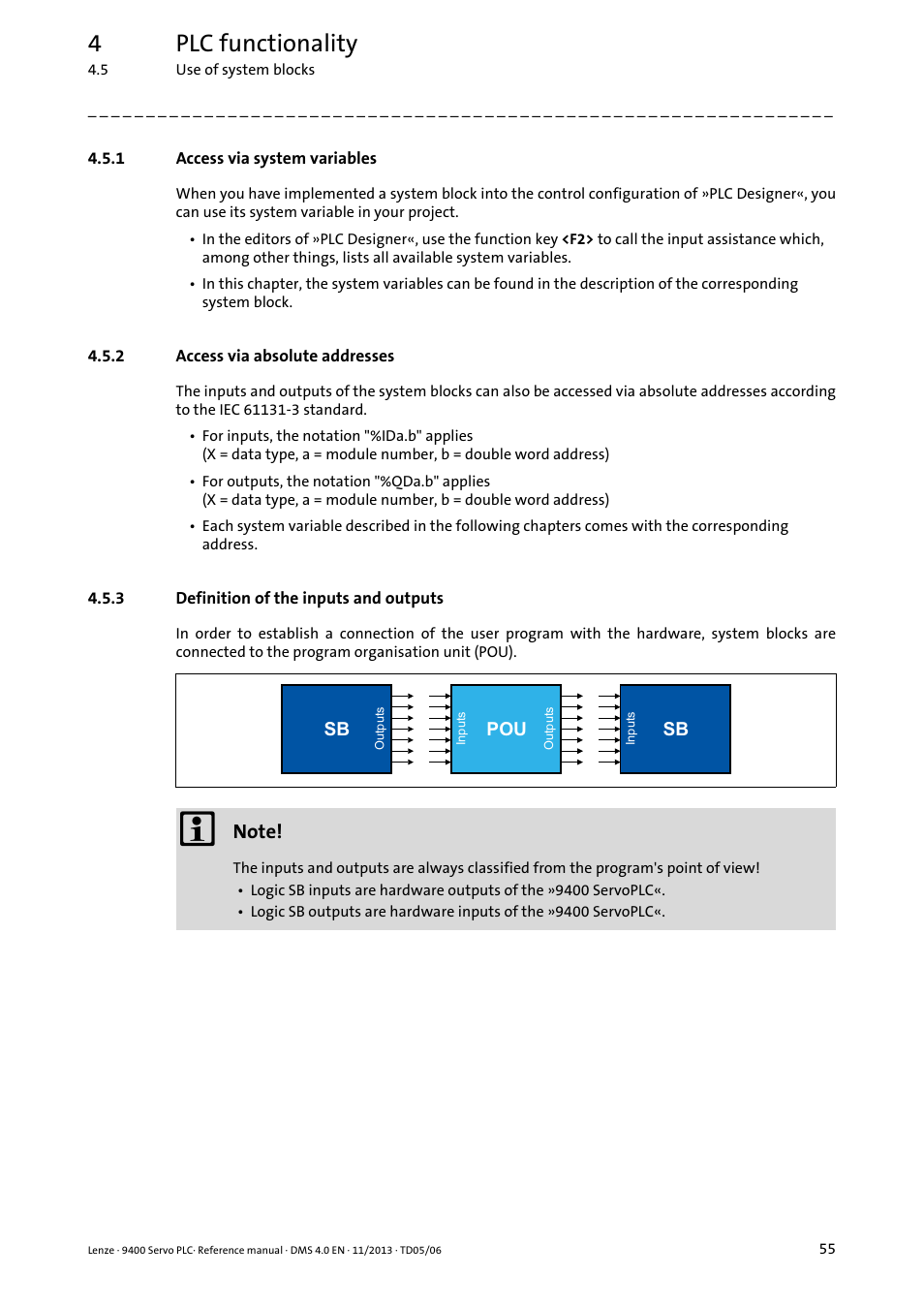 1 access via system variables, 2 access via absolute addresses, 3 definition of the inputs and outputs | Access via system variables, Access via absolute addresses, Definition of the inputs and outputs, 4plc functionality | Lenze E94AxPExxxx User Manual | Page 55 / 976