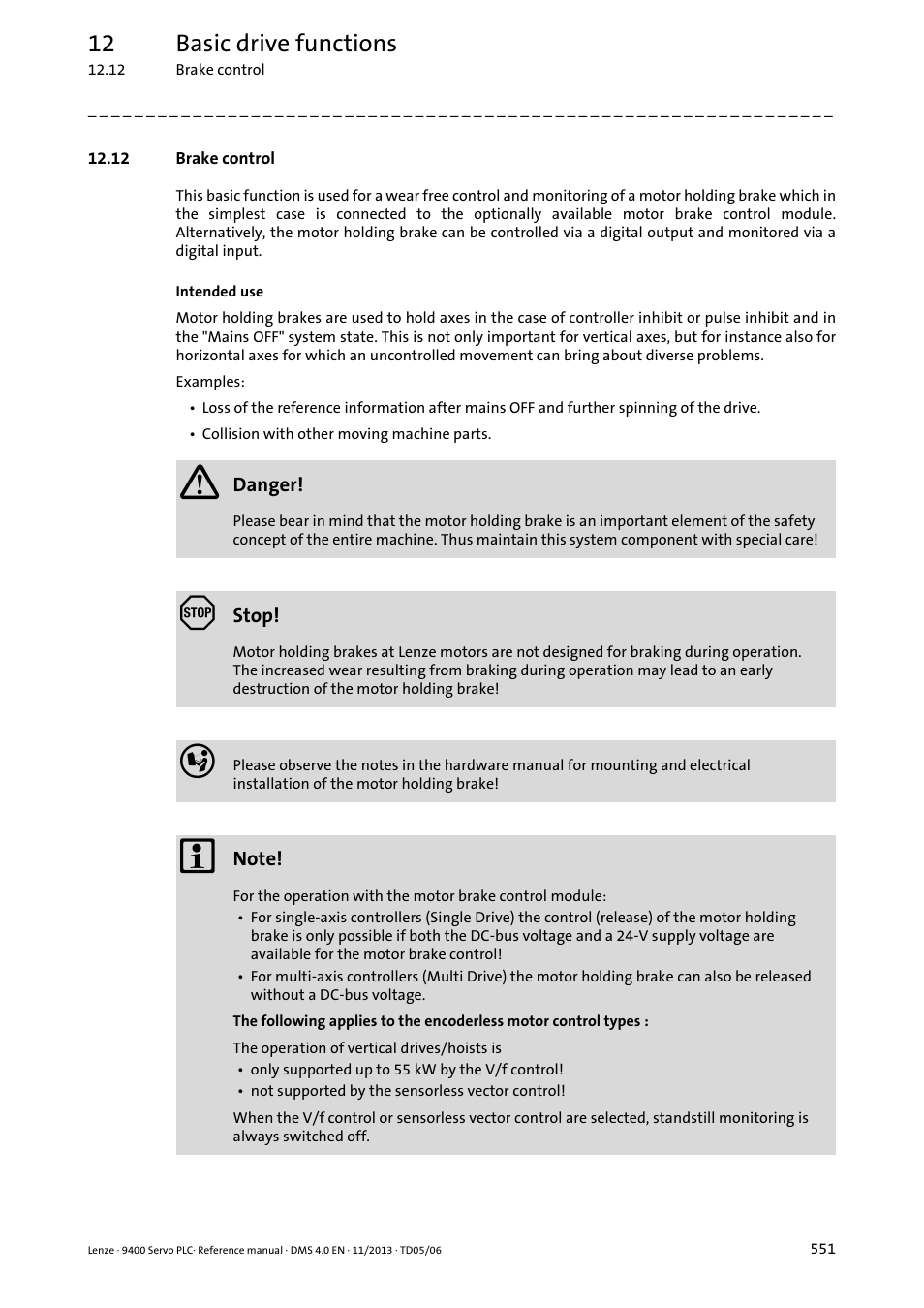 12 brake control, Brake control, Pter | Brake control ( 551), 12 basic drive functions | Lenze E94AxPExxxx User Manual | Page 551 / 976