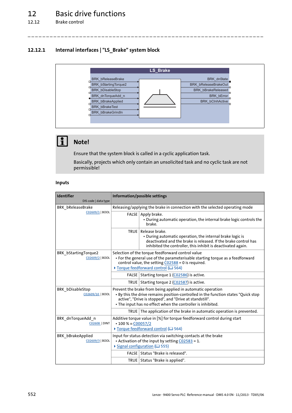 1 internal interfaces | "ls_brake" system block, Brake control, 12 basic drive functions | Lenze E94AxPExxxx User Manual | Page 552 / 976