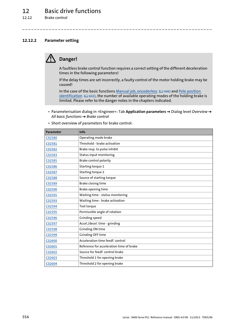 2 parameter setting, 12 basic drive functions, Danger | Lenze E94AxPExxxx User Manual | Page 554 / 976