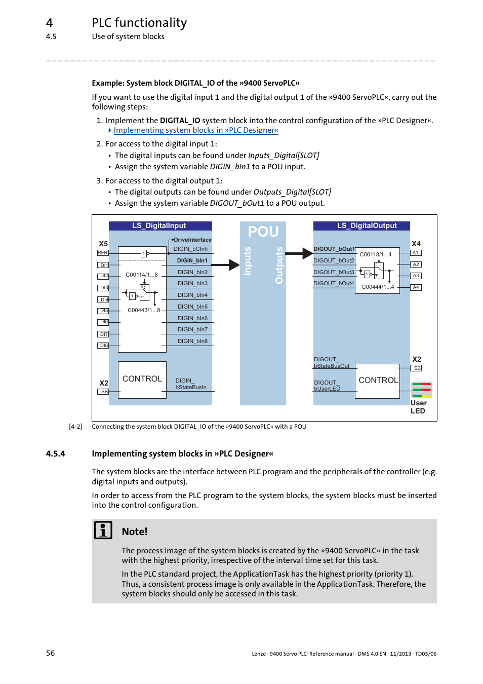 4 implementing system blocks in »plc designer, Implementing system blocks in »plc designer, 4plc functionality | Inputs outputs | Lenze E94AxPExxxx User Manual | Page 56 / 976