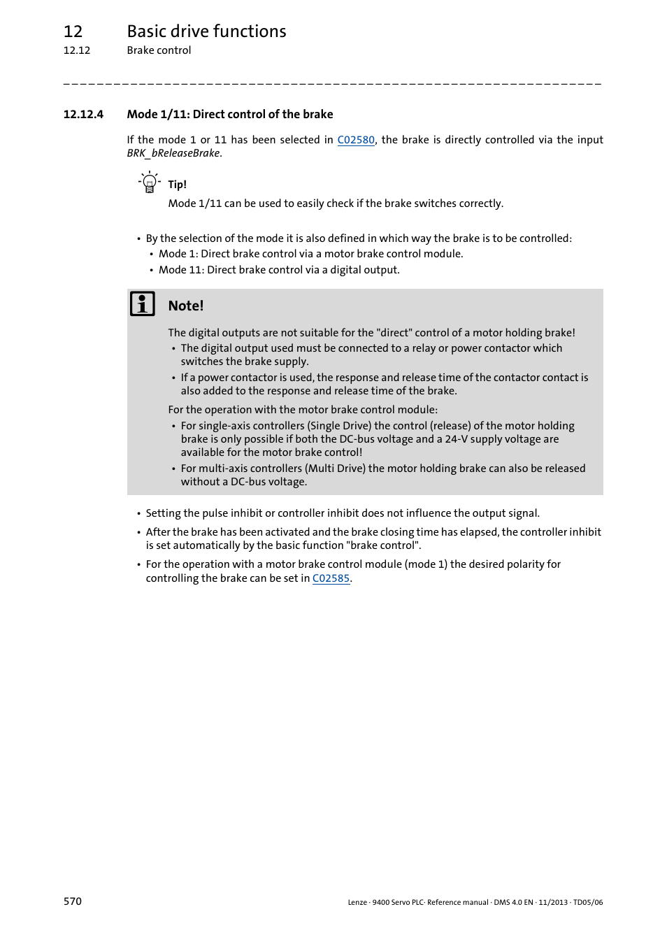 4 mode 1/11: direct control of the brake, Mode 1/11: direct control of the brake, 12 basic drive functions | Lenze E94AxPExxxx User Manual | Page 570 / 976