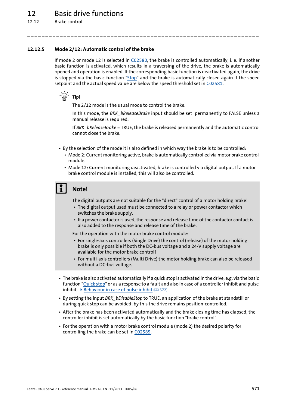 5 mode 2/12: automatic control of the brake, Mode 2/12: automatic control of the brake, 12 basic drive functions | Lenze E94AxPExxxx User Manual | Page 571 / 976