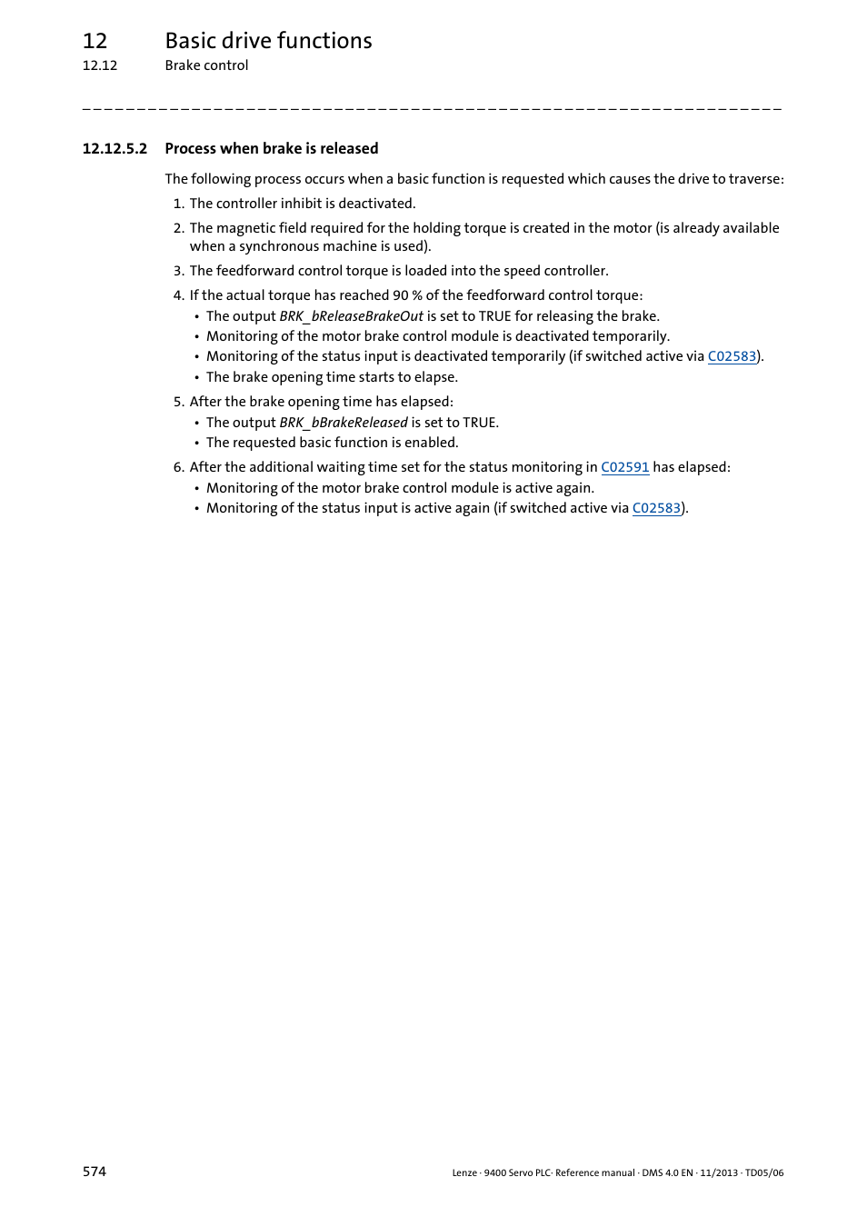 2 process when brake is released, 12 basic drive functions | Lenze E94AxPExxxx User Manual | Page 574 / 976