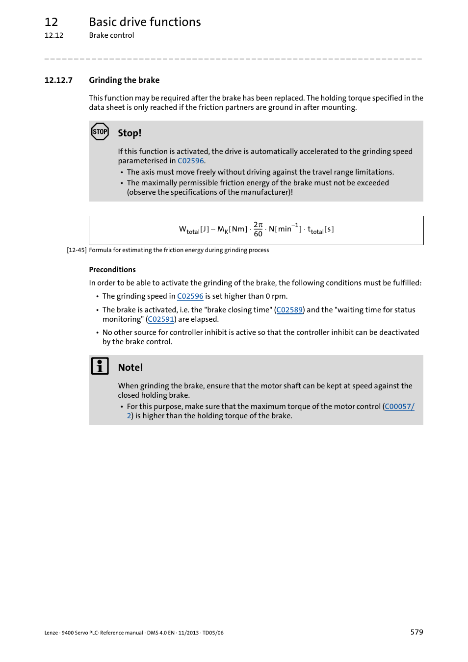 7 grinding the brake, Grinding the brake ( 579), 12 basic drive functions | Stop | Lenze E94AxPExxxx User Manual | Page 579 / 976