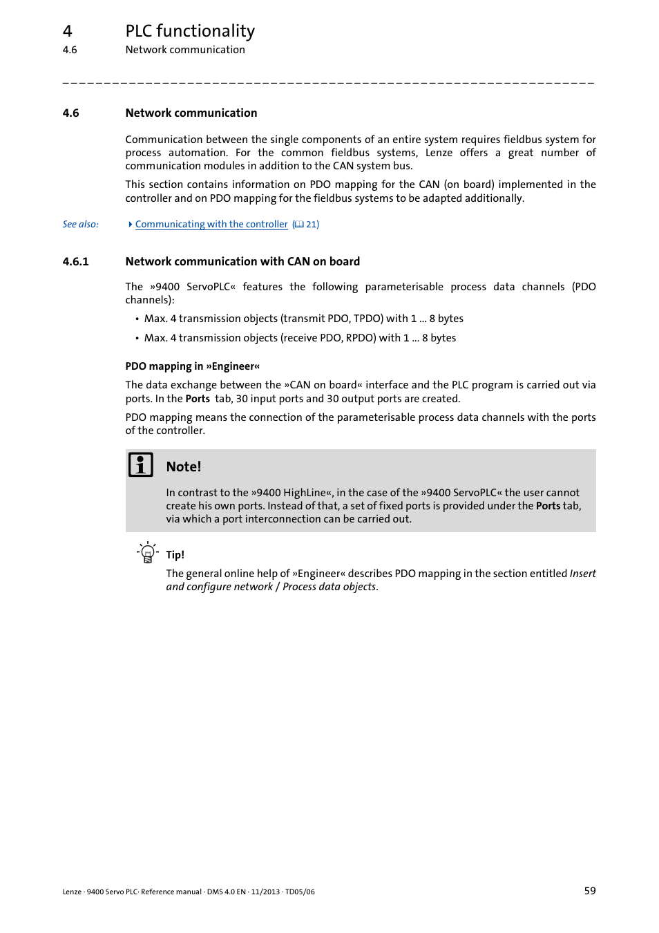 6 network communication, 1 network communication with can on board, Network communication | Network communication with can on board, 4plc functionality | Lenze E94AxPExxxx User Manual | Page 59 / 976