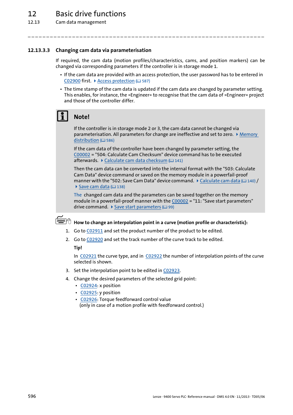 3 changing cam data via parameterisation, Changing cam data via parameterisation, 12 basic drive functions | Lenze E94AxPExxxx User Manual | Page 596 / 976