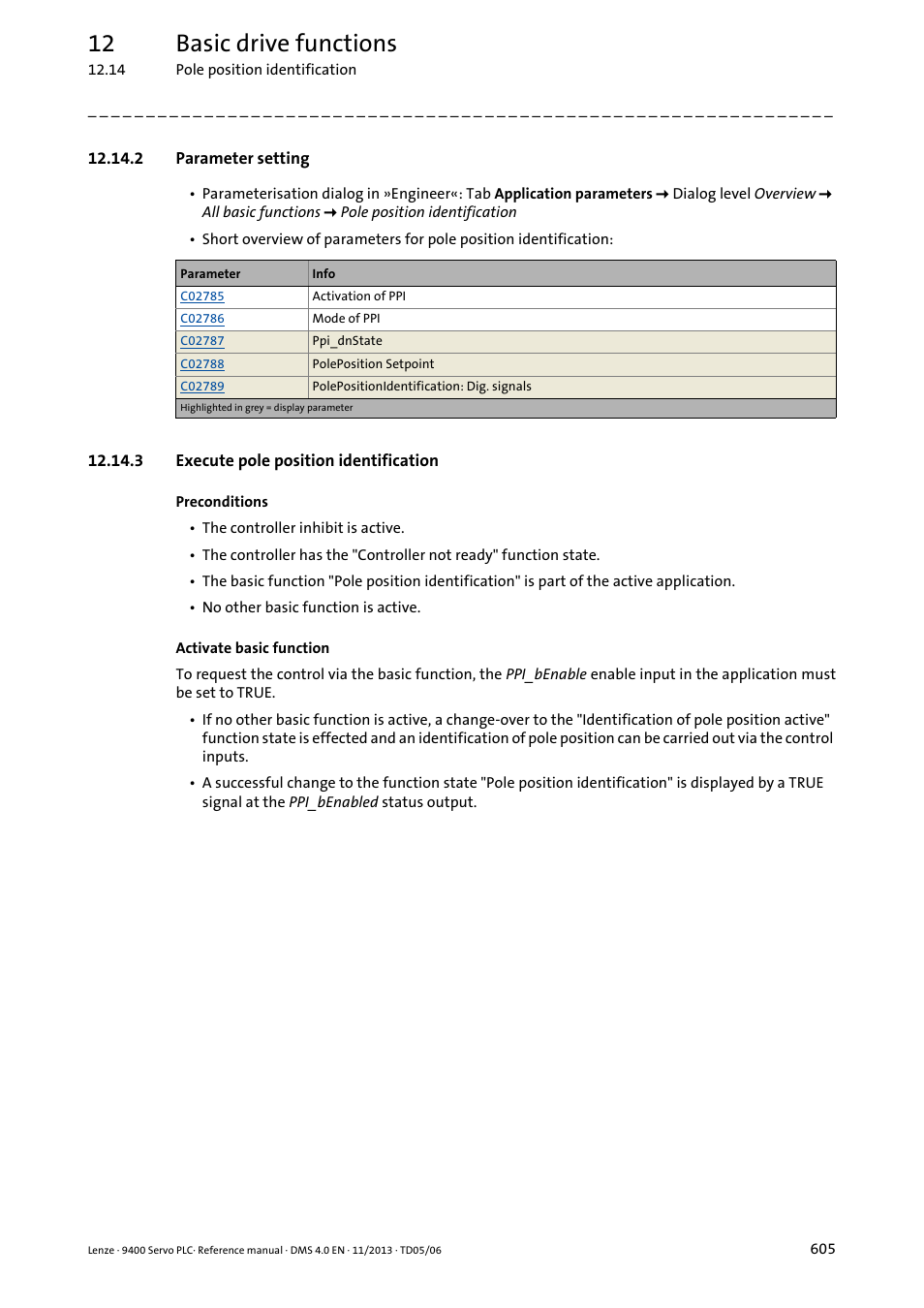 2 parameter setting, 3 execute pole position identification, 12 basic drive functions | Lenze E94AxPExxxx User Manual | Page 605 / 976