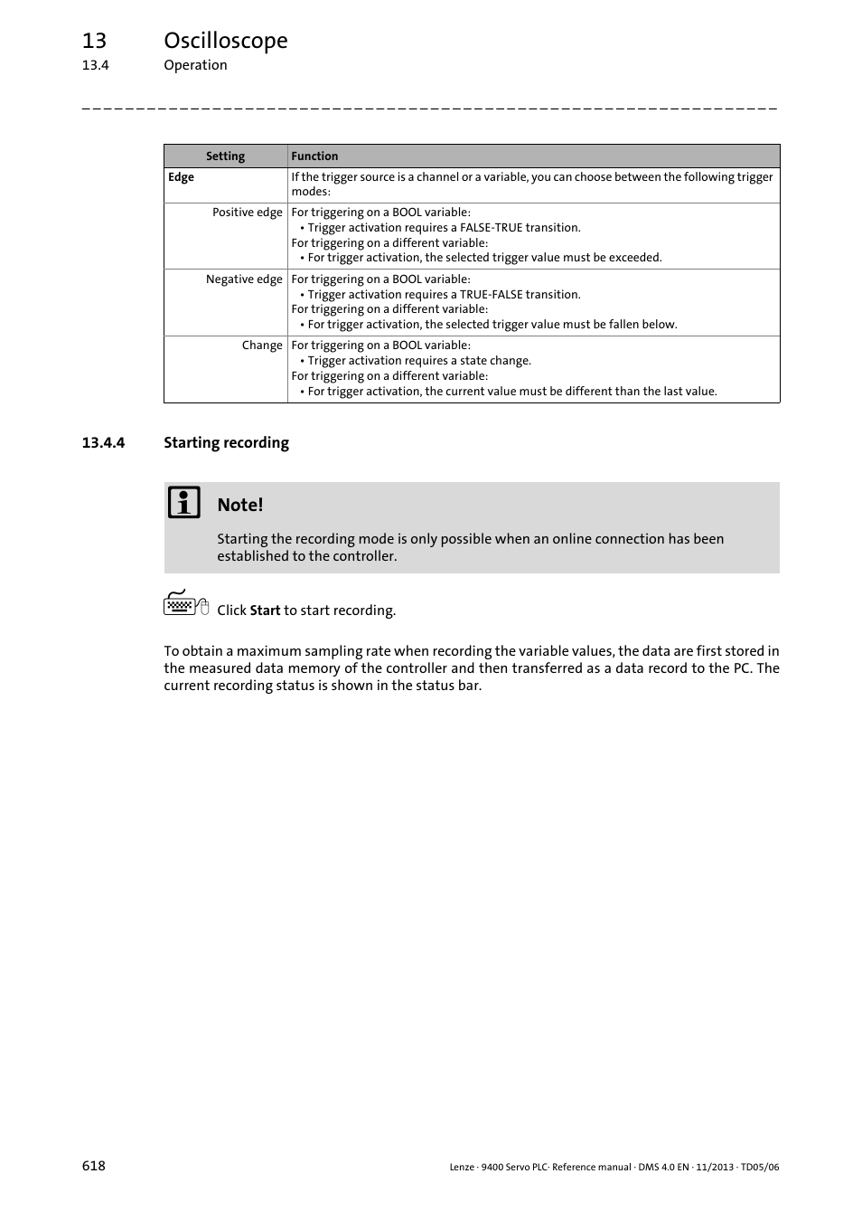 4 starting recording, Starting recording, 13 oscilloscope | Lenze E94AxPExxxx User Manual | Page 618 / 976