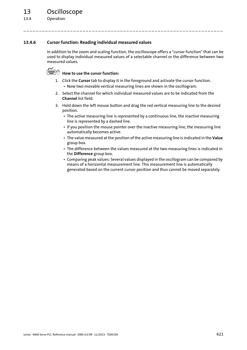 Cursor function: reading individual measured, Values, 13 oscilloscope | Lenze E94AxPExxxx User Manual | Page 621 / 976