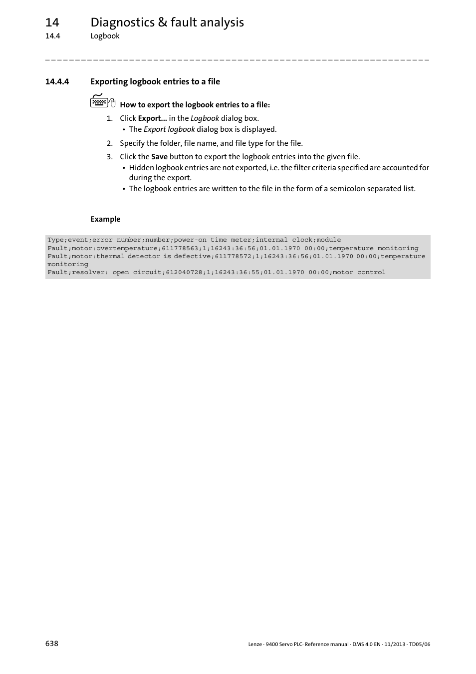 4 exporting logbook entries to a file, 14 diagnostics & fault analysis | Lenze E94AxPExxxx User Manual | Page 638 / 976