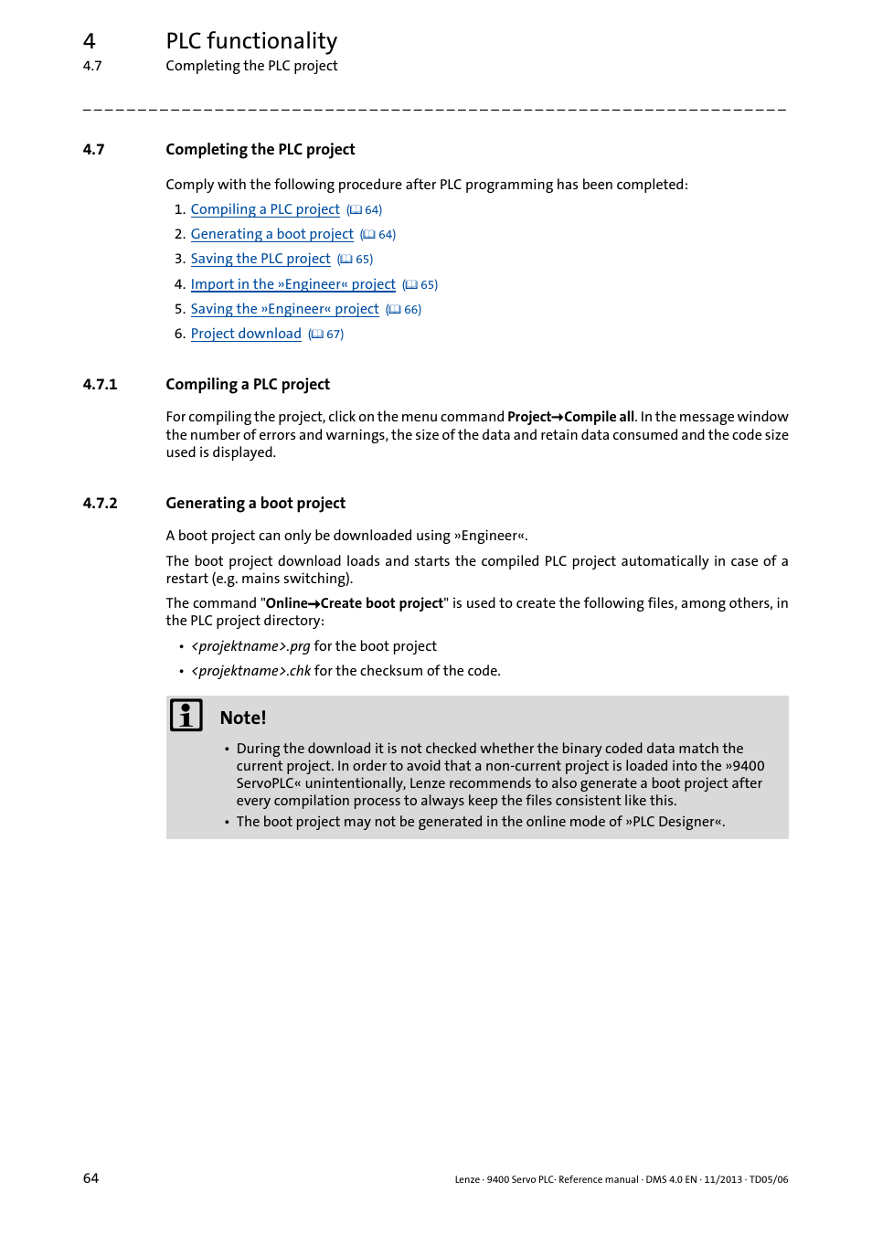 7 completing the plc project, 1 compiling a plc project, 2 generating a boot project | Completing the plc project, Compiling a plc project, Generating a boot project, 4plc functionality | Lenze E94AxPExxxx User Manual | Page 64 / 976