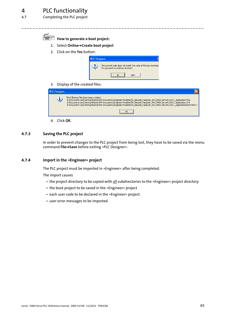 3 saving the plc project, 4 import in the »engineer« project, Saving the plc project | Import in the »engineer« project, 4plc functionality | Lenze E94AxPExxxx User Manual | Page 65 / 976