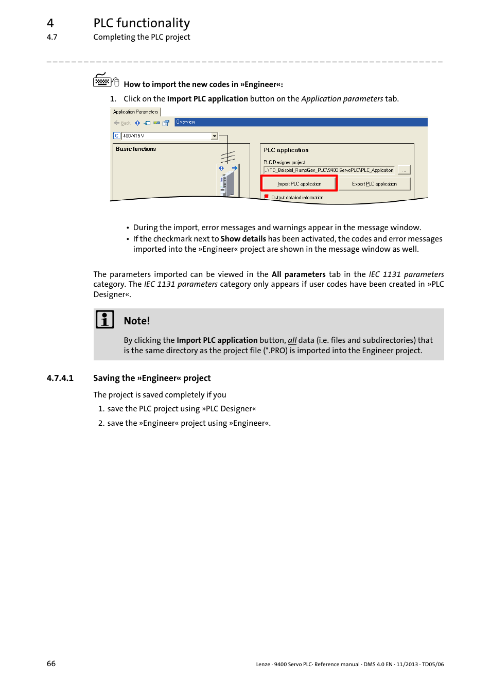 1 saving the »engineer« project, Saving the »engineer« project, 4plc functionality | Lenze E94AxPExxxx User Manual | Page 66 / 976