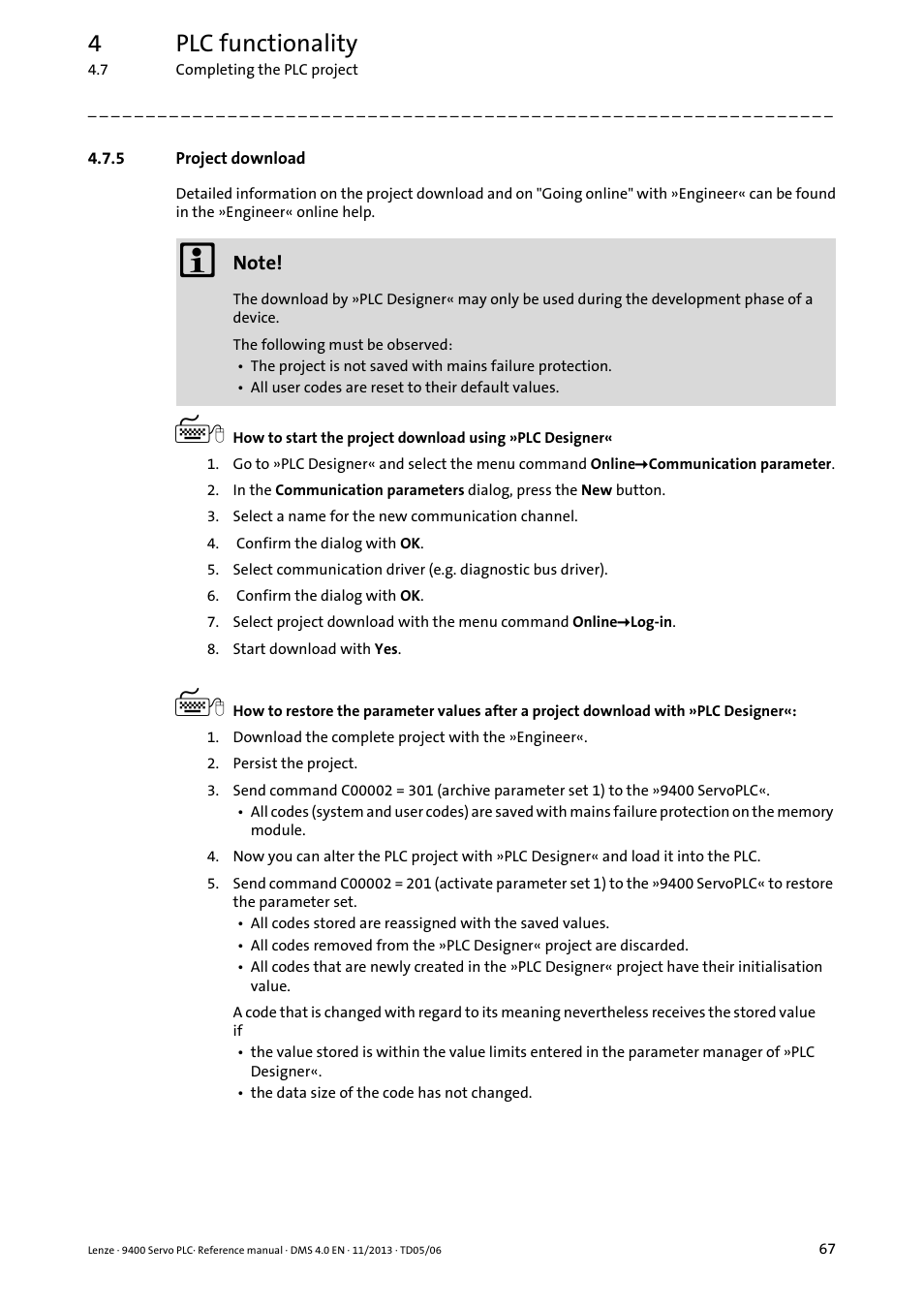 5 project download, Project download, 4plc functionality | Lenze E94AxPExxxx User Manual | Page 67 / 976