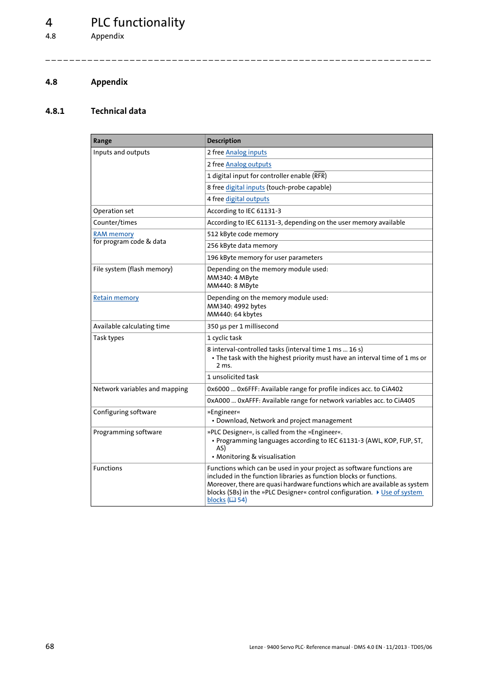 8 appendix, 1 technical data, Appendix | Technical data, 4plc functionality | Lenze E94AxPExxxx User Manual | Page 68 / 976