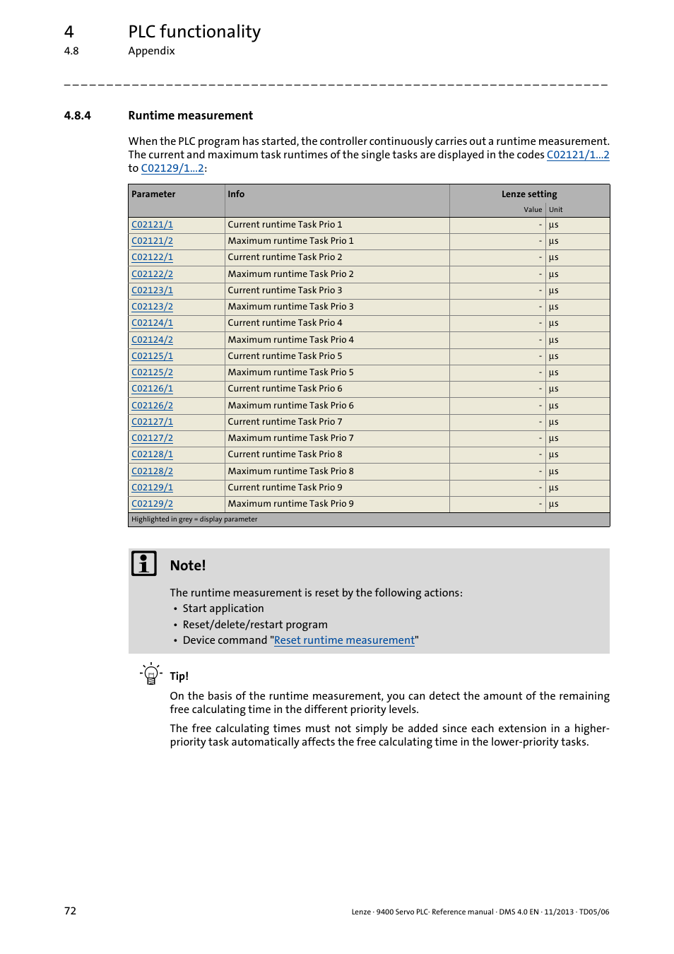 4 runtime measurement, Runtime measurement, 4plc functionality | Lenze E94AxPExxxx User Manual | Page 72 / 976