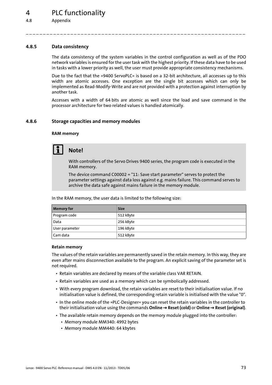 5 data consistency, 6 storage capacities and memory modules, Data consistency | Storage capacities and memory modules, Ram memory, Retain memory, 4plc functionality | Lenze E94AxPExxxx User Manual | Page 73 / 976