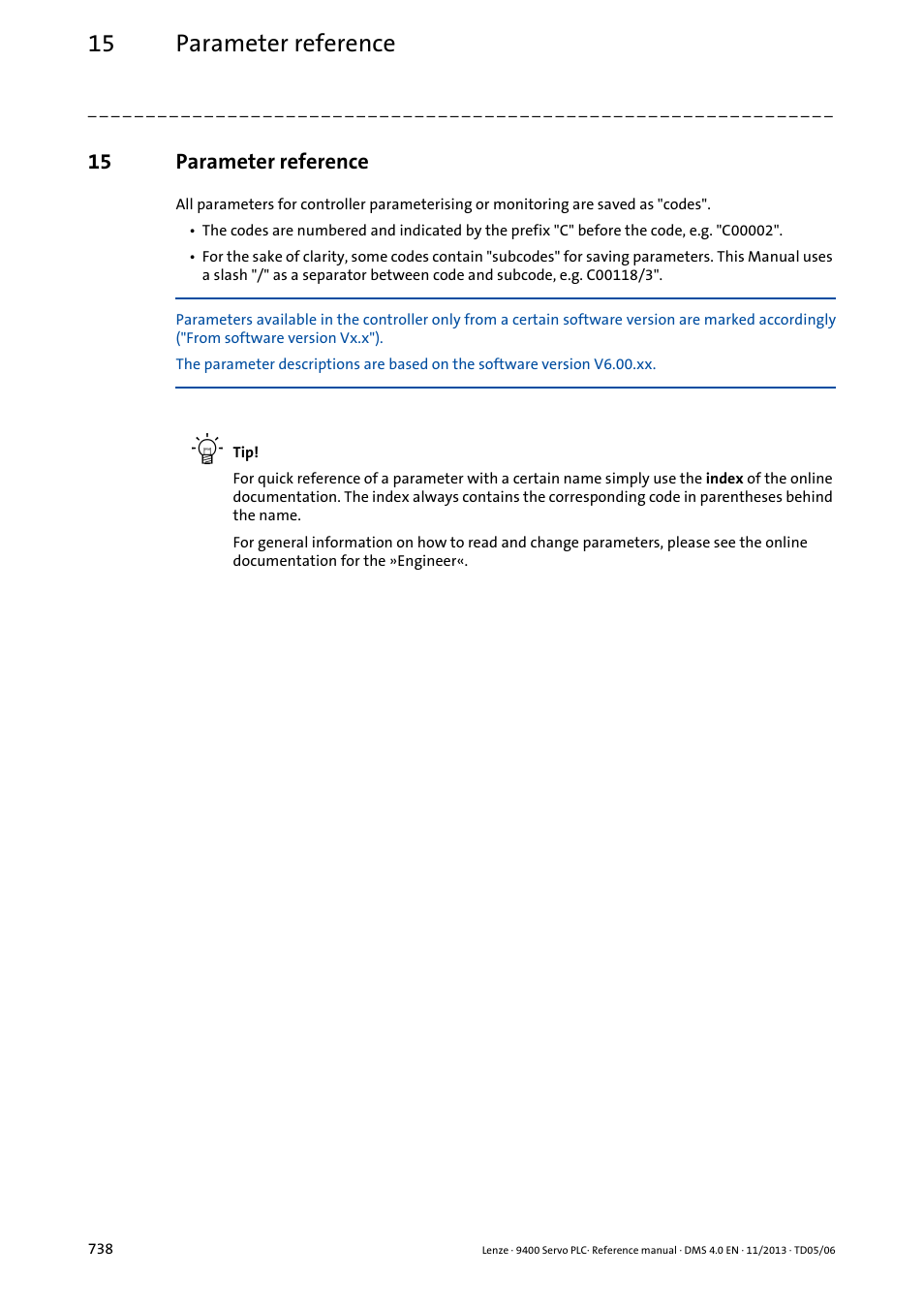 15 parameter reference, Parameter reference | Lenze E94AxPExxxx User Manual | Page 738 / 976