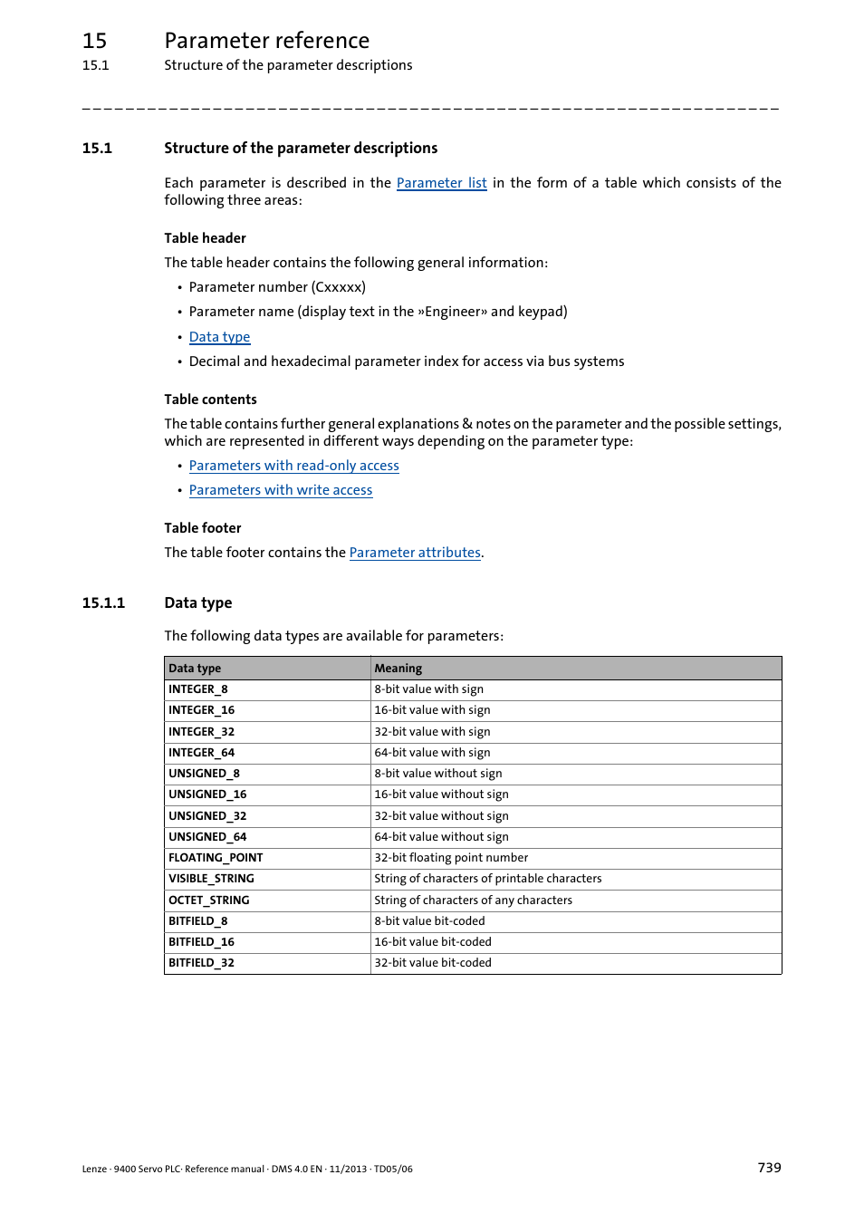 1 structure of the parameter descriptions, 1 data type, 15 parameter reference | Lenze E94AxPExxxx User Manual | Page 739 / 976