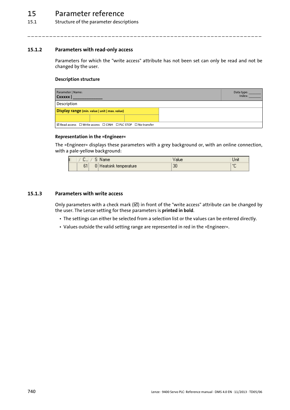 2 parameters with read-only access, 3 parameters with write access, Parameters with read-only access | Parameters with write access, 15 parameter reference | Lenze E94AxPExxxx User Manual | Page 740 / 976