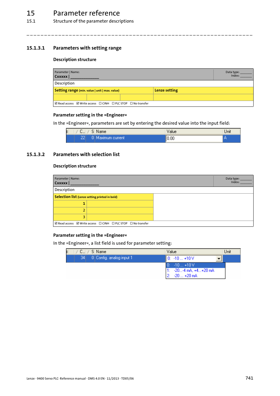 1 parameters with setting range, 2 parameters with selection list, Parameters with setting range | Parameters with selection list, 15 parameter reference | Lenze E94AxPExxxx User Manual | Page 741 / 976