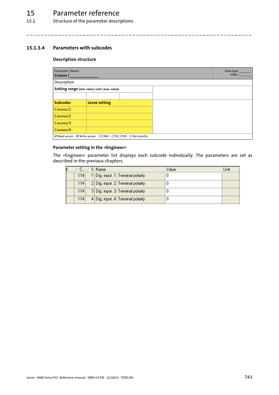 4 parameters with subcodes, Parameters with subcodes, 15 parameter reference | Lenze E94AxPExxxx User Manual | Page 743 / 976