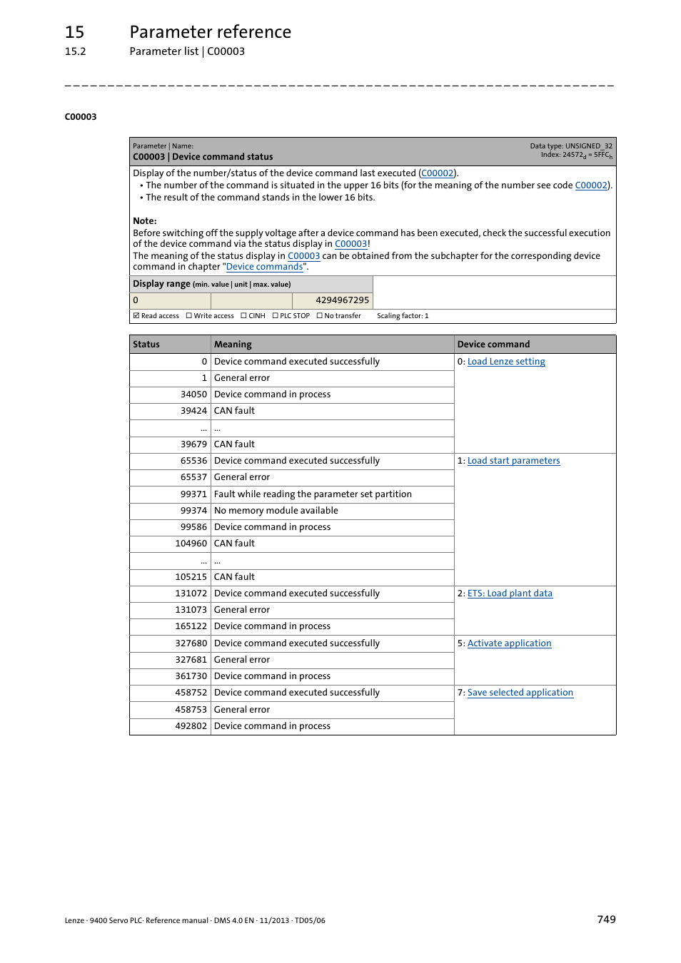 C00003 | device command status, C00003, Us in | C00002, Is in, 15 parameter reference | Lenze E94AxPExxxx User Manual | Page 749 / 976