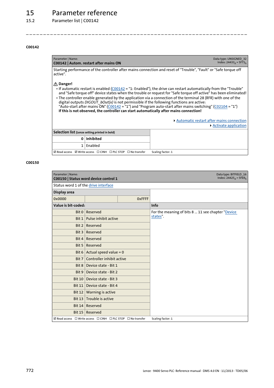 C00142 | autom. restart after mains on, C00150 | status word device control 1, C00150 | C00142, 15 parameter reference | Lenze E94AxPExxxx User Manual | Page 772 / 976
