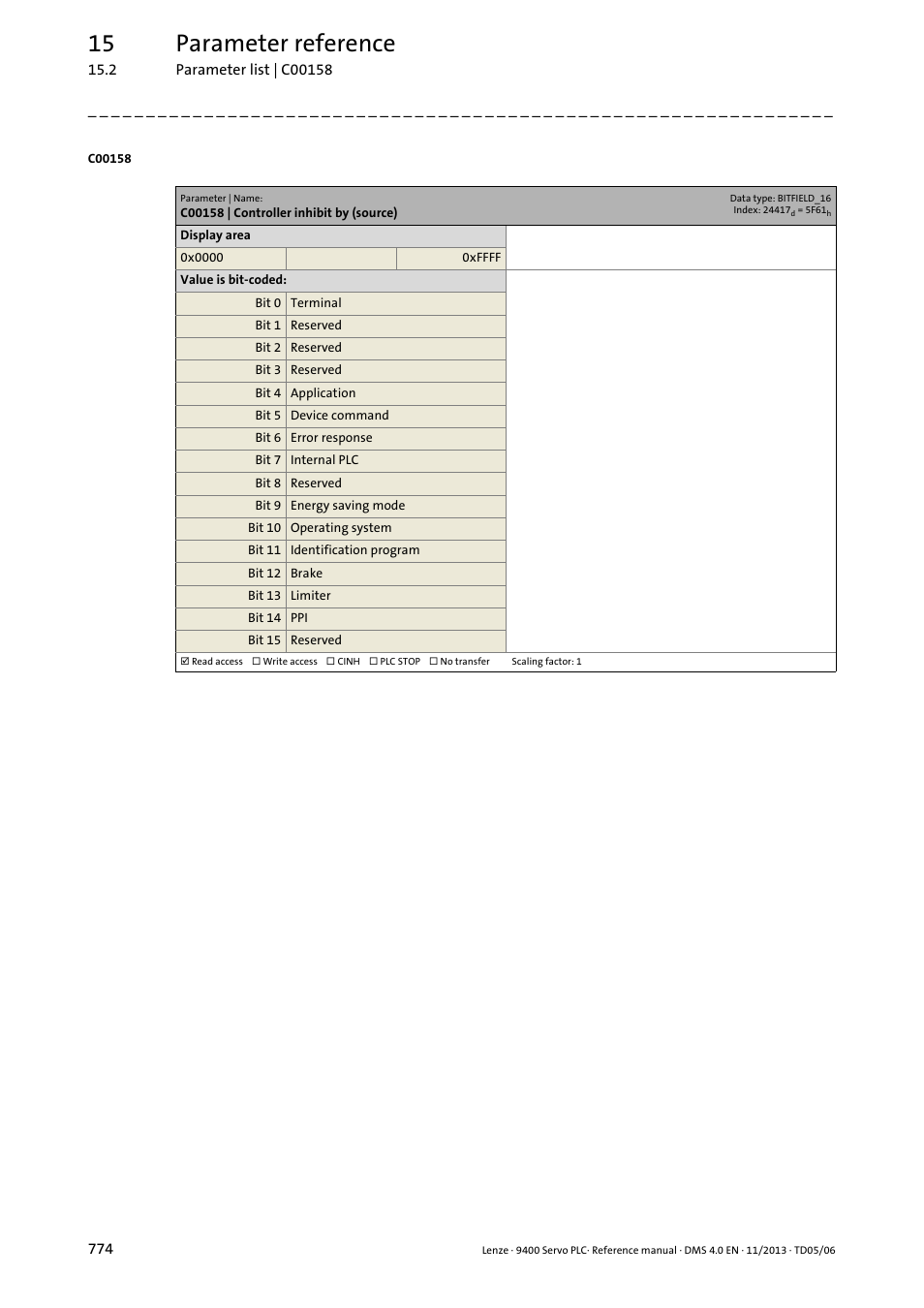 C00158 | controller inhibit by (source), C00158, 15 parameter reference | Lenze E94AxPExxxx User Manual | Page 774 / 976