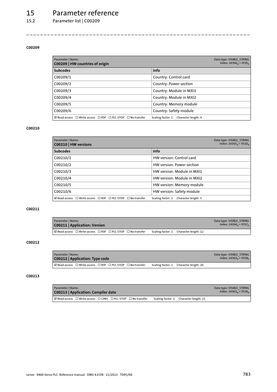 C00209 | hw countries of origin, C00210 | hw versions, C00211 | application: version | C00212 | application: type code, C00213 | application: compiler date, C00209, C00210, 15 parameter reference | Lenze E94AxPExxxx User Manual | Page 783 / 976