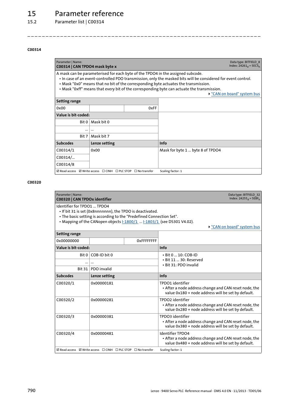 C00314 | can tpdo4 mask byte x, C00320 | can tpdox identifier, C00320/1 | C00320/2, C00320/3, C00320/4, Es of, C00320, C00314/1, 15 parameter reference | Lenze E94AxPExxxx User Manual | Page 790 / 976