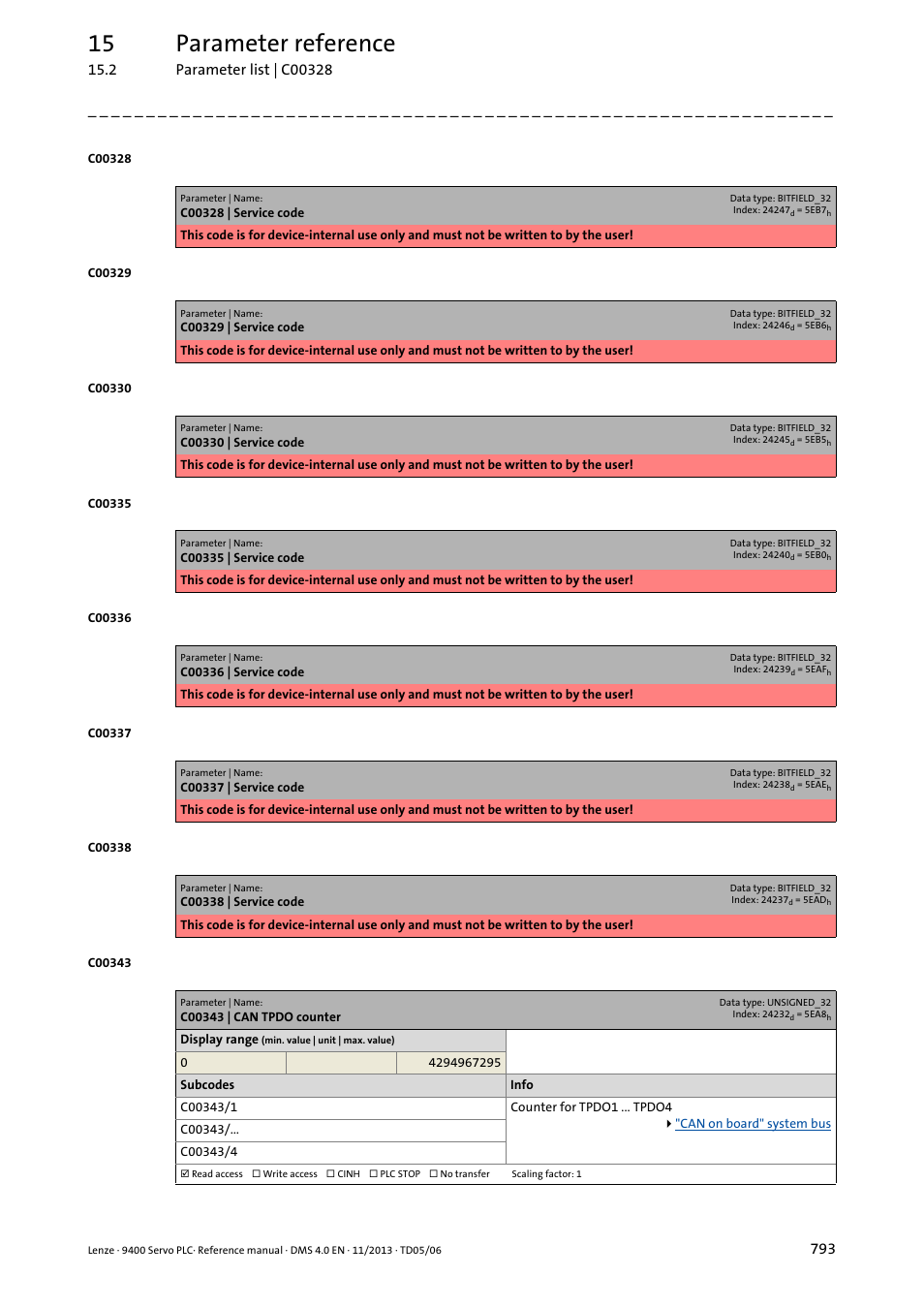 C00343 | can tpdo counter, 15 parameter reference | Lenze E94AxPExxxx User Manual | Page 793 / 976