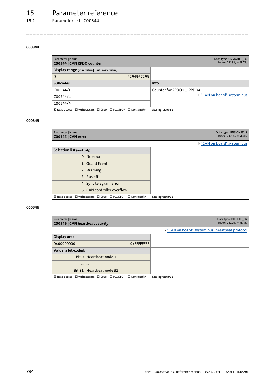 C00344 | can rpdo counter, C00345 | can error, C00346 | can heartbeat activity | C00345, C00346, 15 parameter reference | Lenze E94AxPExxxx User Manual | Page 794 / 976