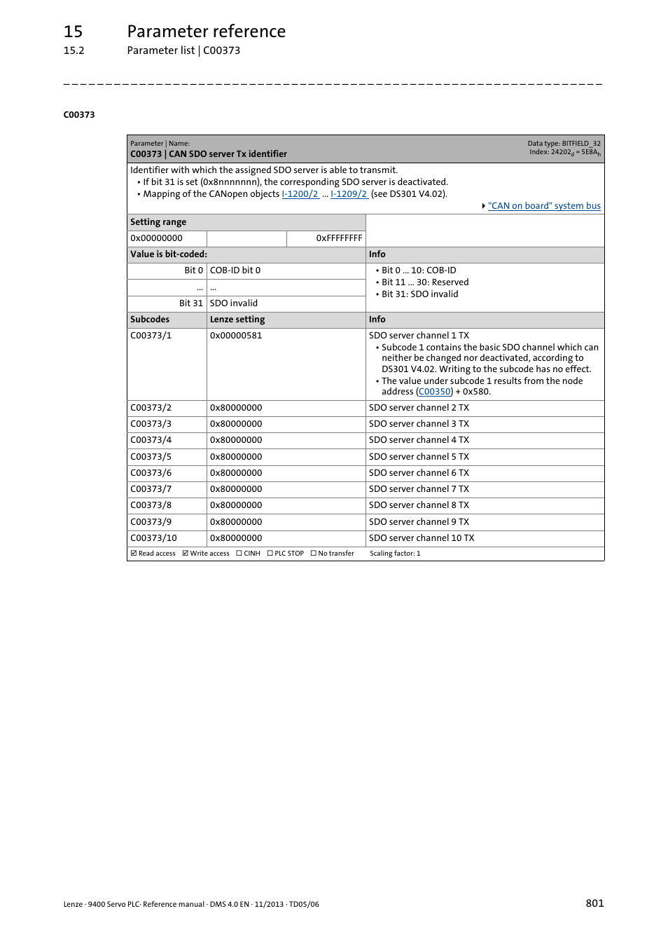 C00373 | can sdo server tx identifier, C00373, And the | C00373/1, C00373/2, 15 parameter reference | Lenze E94AxPExxxx User Manual | Page 801 / 976
