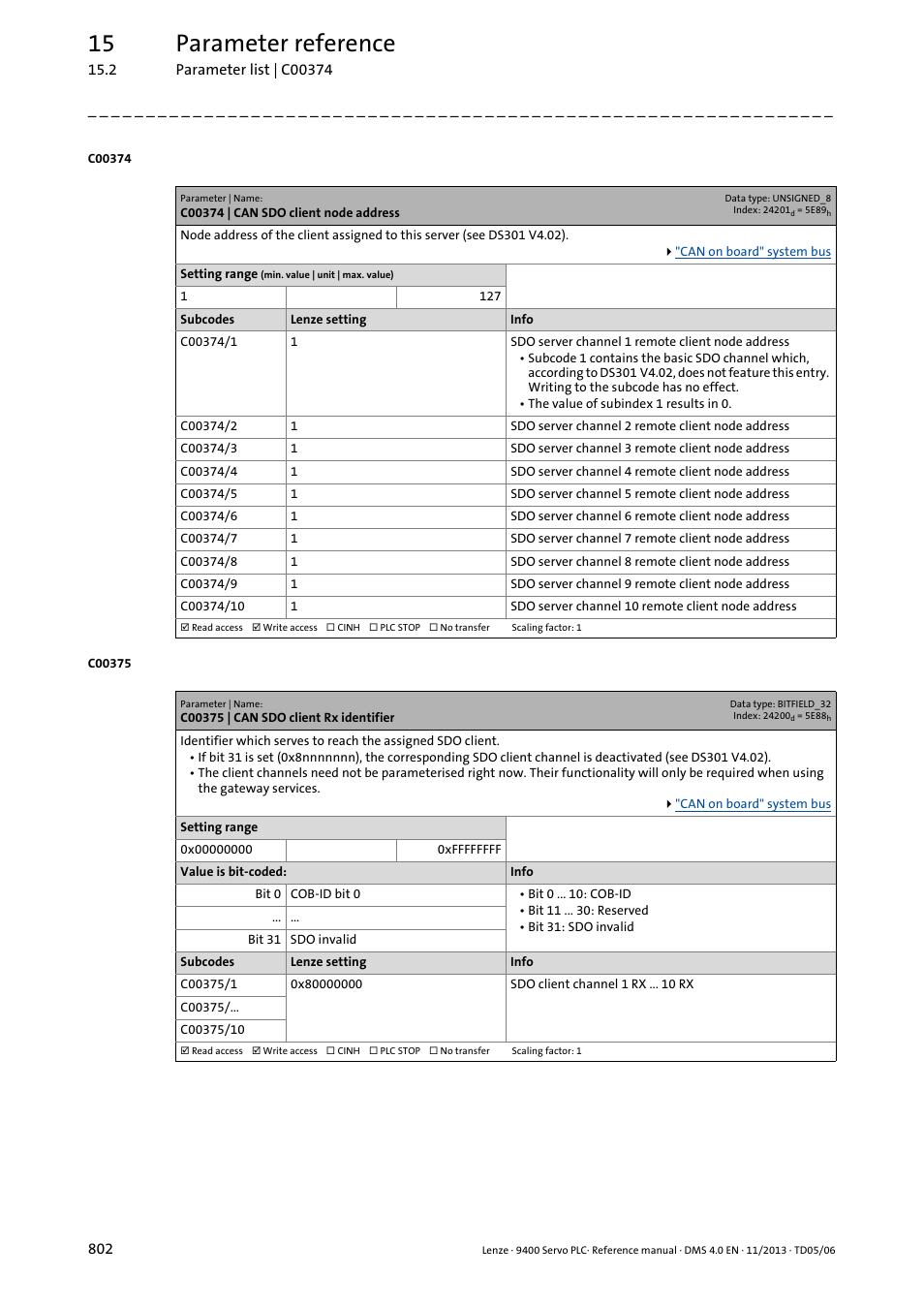 C00374 | can sdo client node address, C00375 | can sdo client rx identifier, 15 parameter reference | Lenze E94AxPExxxx User Manual | Page 802 / 976