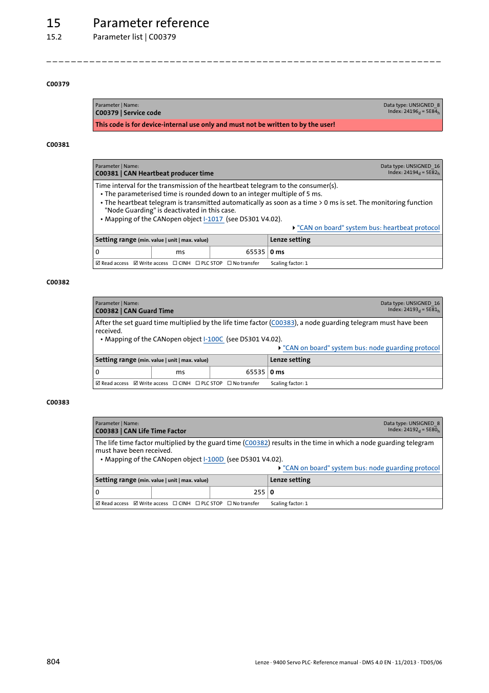 C00381 | can heartbeat producer time, C00382 | can guard time, C00383 | can life time factor | C00382, C00383, C00381, To 0, To 10, 15 parameter reference | Lenze E94AxPExxxx User Manual | Page 804 / 976