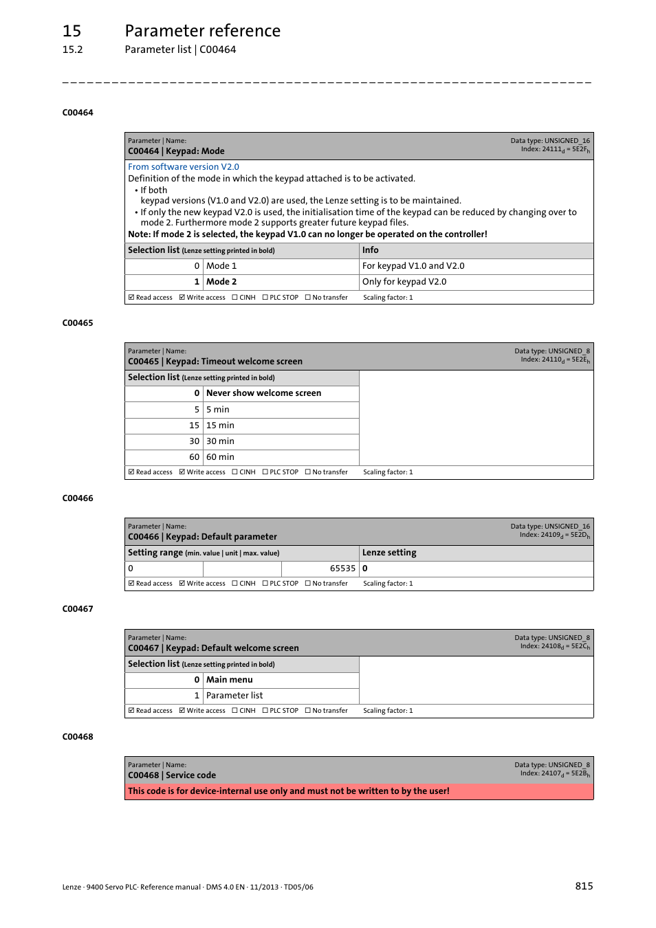 C00464 | keypad: mode, C00465 | keypad: timeout welcome screen, C00466 | keypad: default parameter | C00467 | keypad: default welcome screen, 15 parameter reference | Lenze E94AxPExxxx User Manual | Page 815 / 976
