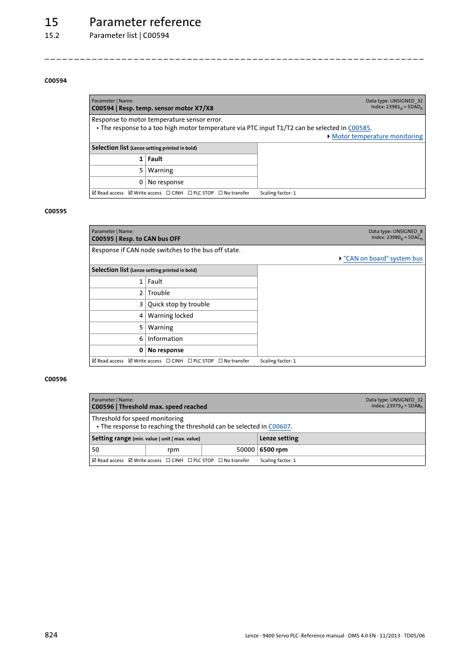 C00594 | resp. temp. sensor motor x7/x8, C00595 | resp. to can bus off, C00596 | threshold max. speed reached | C00596, And select the error response, C00594, C00595, 15 parameter reference | Lenze E94AxPExxxx User Manual | Page 824 / 976