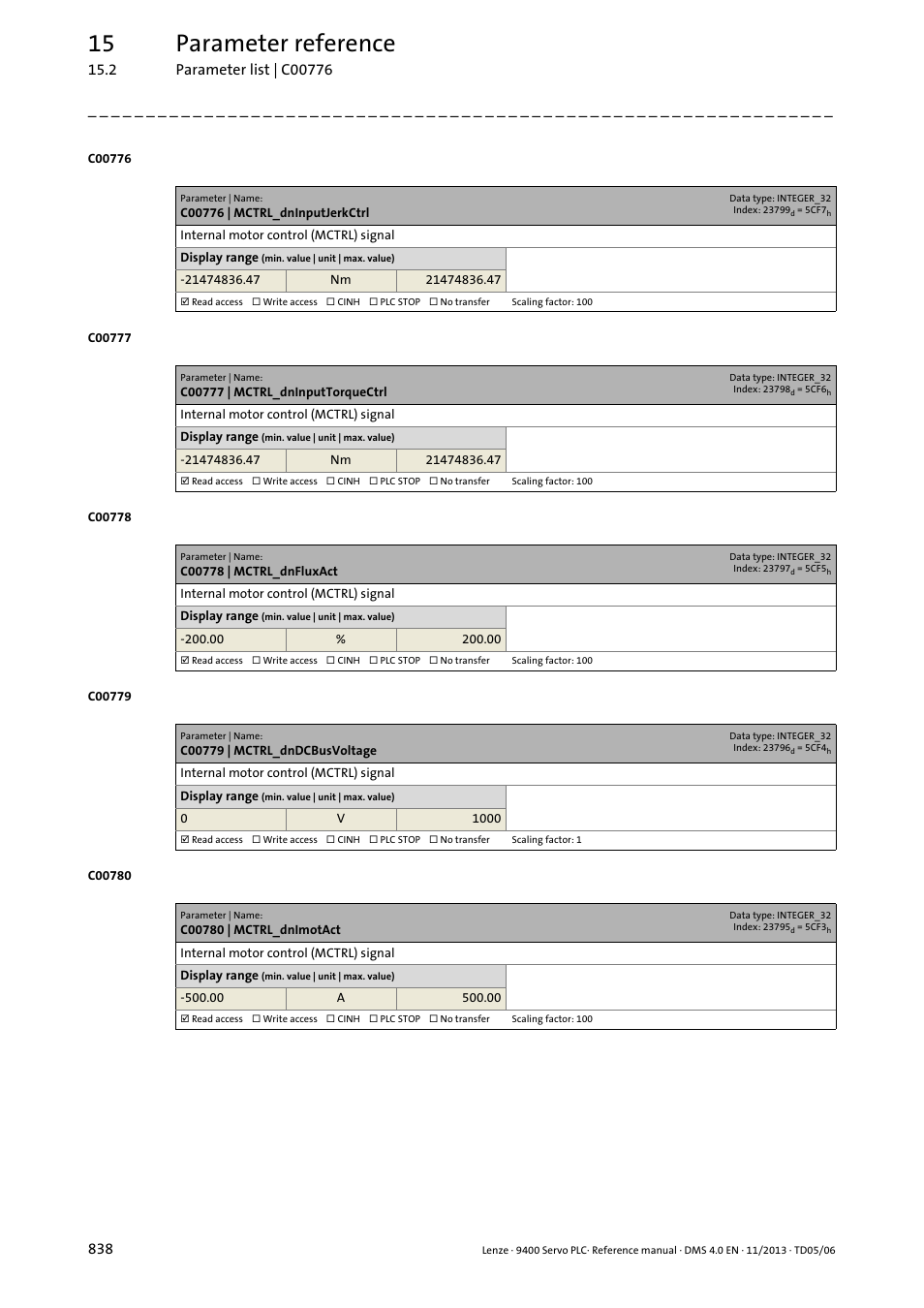 C00776 | mctrl_dninputjerkctrl, C00777 | mctrl_dninputtorquectrl, C00778 | mctrl_dnfluxact | C00779 | mctrl_dndcbusvoltage, C00780 | mctrl_dnimotact, C00780, 15 parameter reference | Lenze E94AxPExxxx User Manual | Page 838 / 976