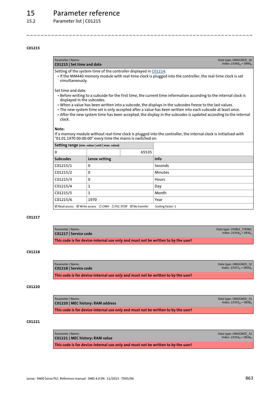 C01215 | set time and date, C01215, 15 parameter reference | Lenze E94AxPExxxx User Manual | Page 863 / 976