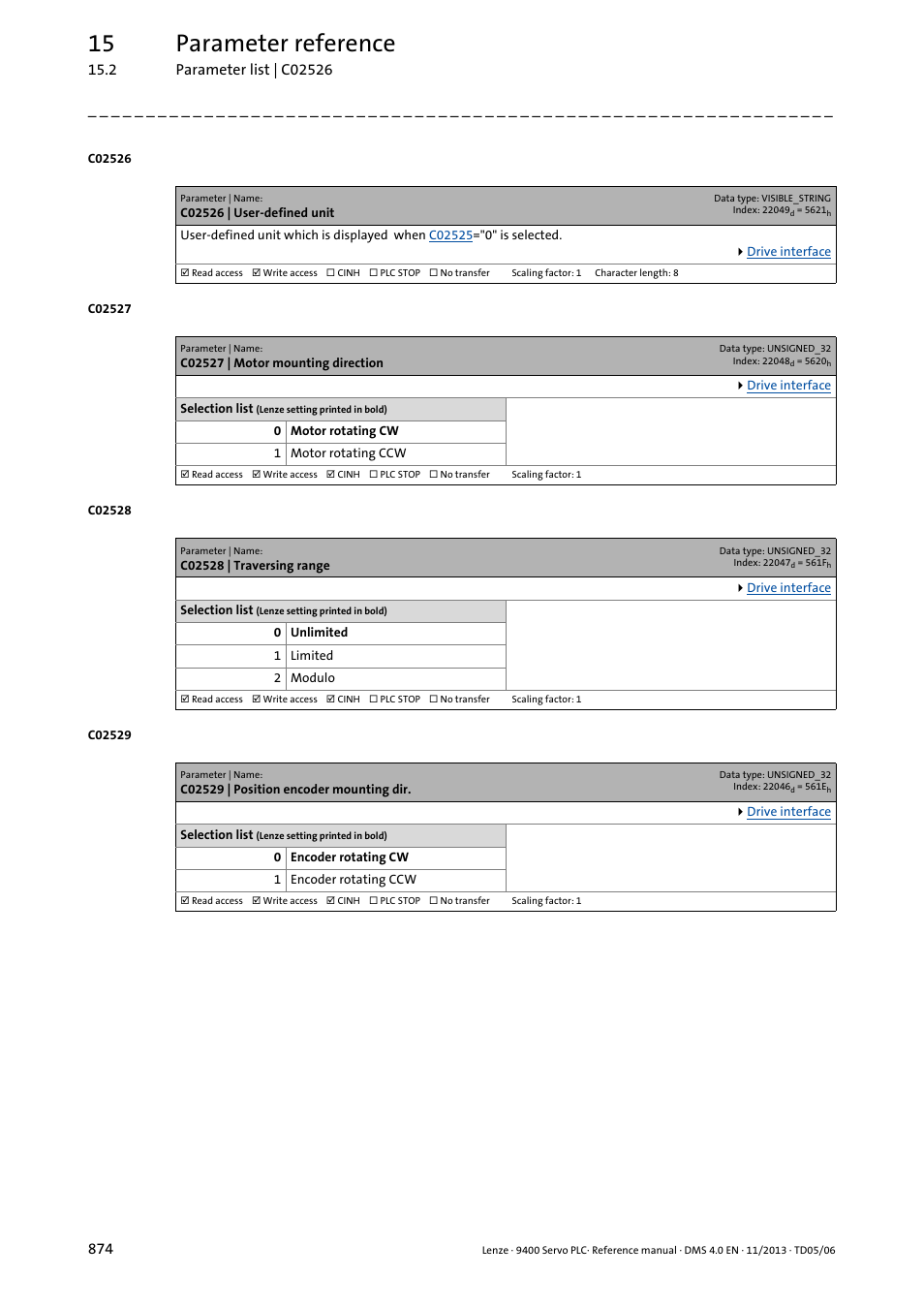 C02526 | user-defined unit, C02527 | motor mounting direction, C02528 | traversing range | C02529 | position encoder mounting dir, C02527, C02526, C02528, Aversing range, C02529, Position en | Lenze E94AxPExxxx User Manual | Page 874 / 976
