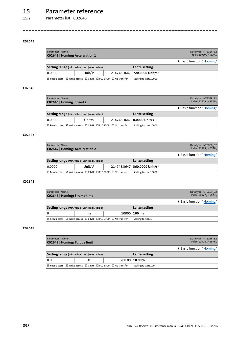 C02645 | homing: acceleration 1, C02646 | homing: speed 2, C02647 | homing: acceleration 2 | C02648 | homing: s-ramp time, C02649 | homing: torque limit, C02648, C02646, C02645, C02647, C02649 | Lenze E94AxPExxxx User Manual | Page 898 / 976