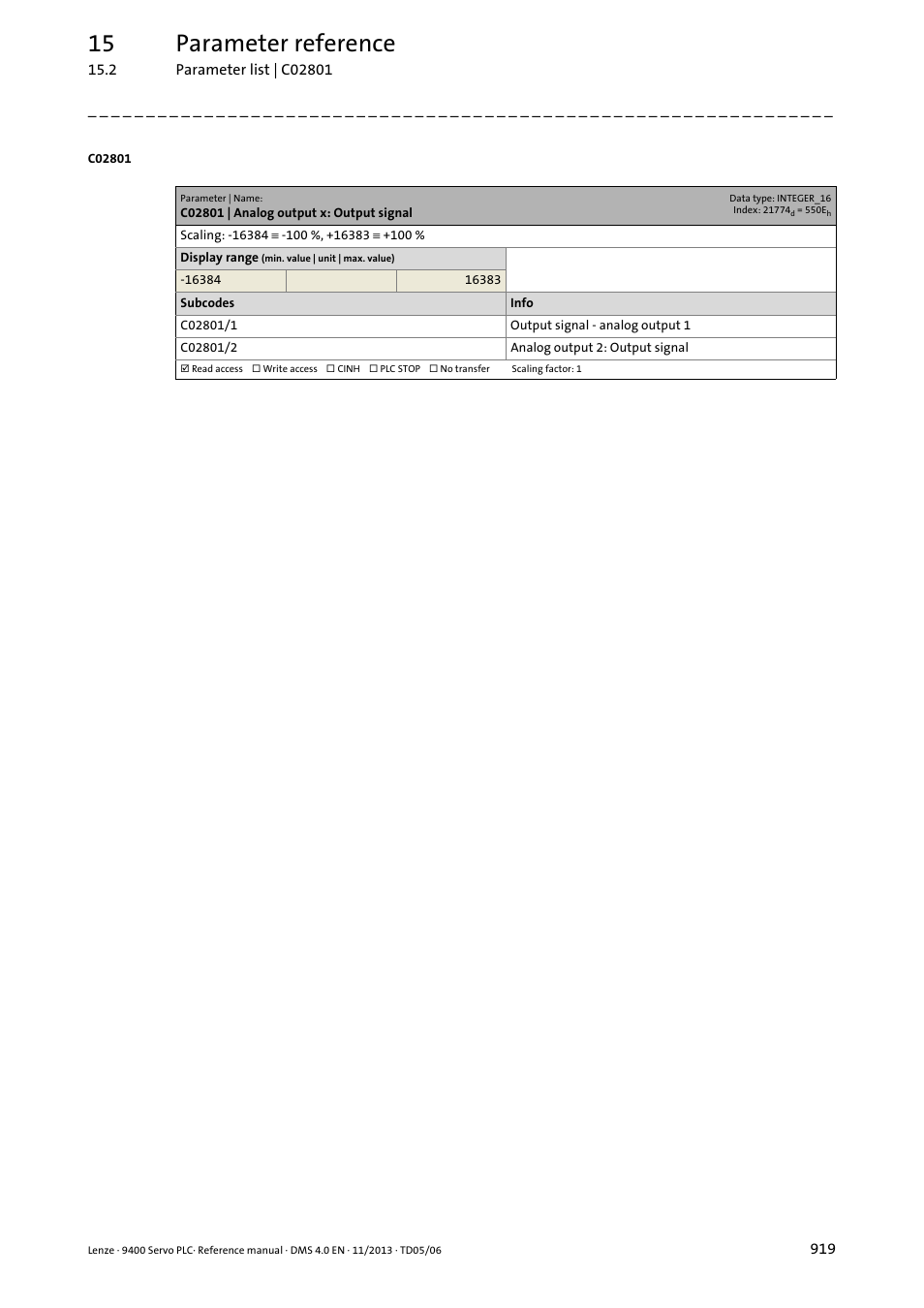 C02801 | analog output x: output signal, C02801/1, C02801/2 | 15 parameter reference | Lenze E94AxPExxxx User Manual | Page 919 / 976