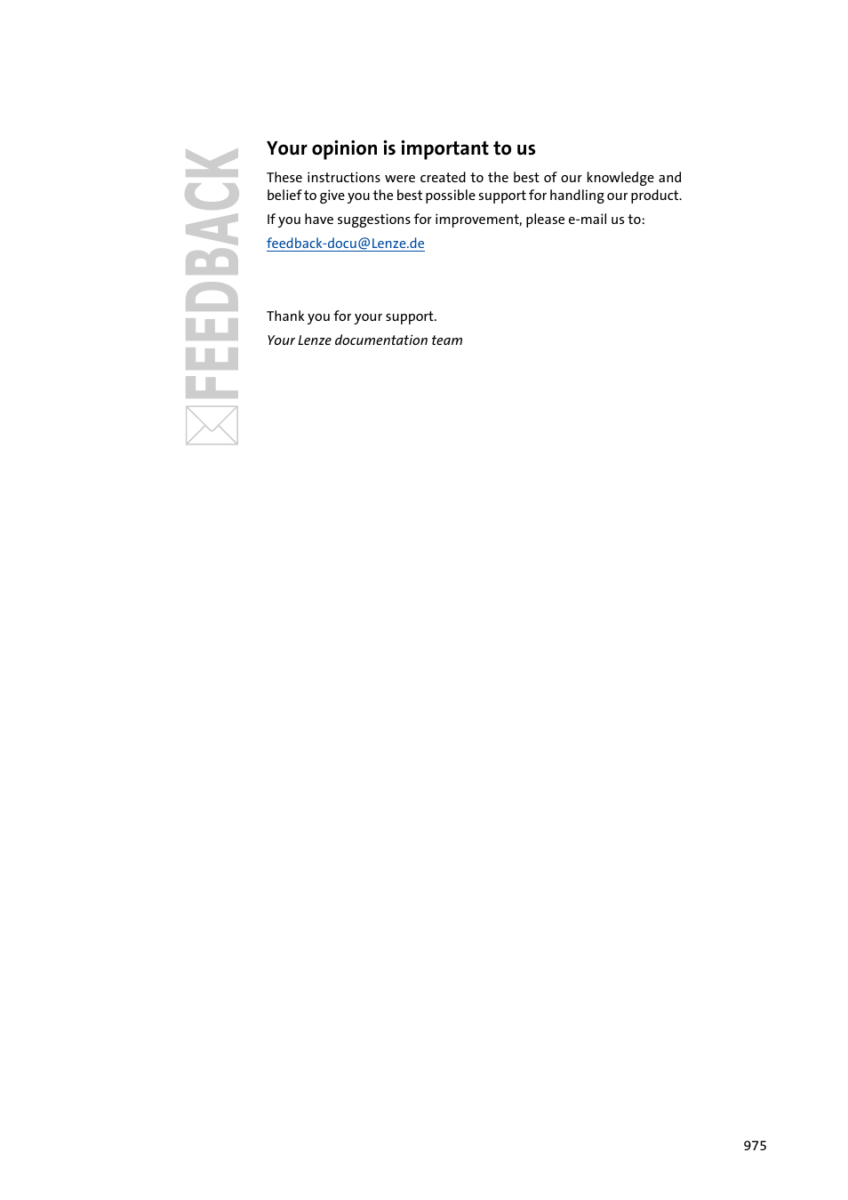 Your opinion is important to us | Lenze E94AxPExxxx User Manual | Page 975 / 976