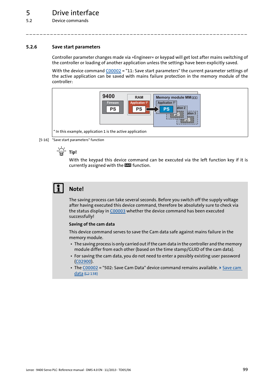 6 save start parameters, Save start parameters, Save start | Parameters, 5drive interface | Lenze E94AxPExxxx User Manual | Page 99 / 976