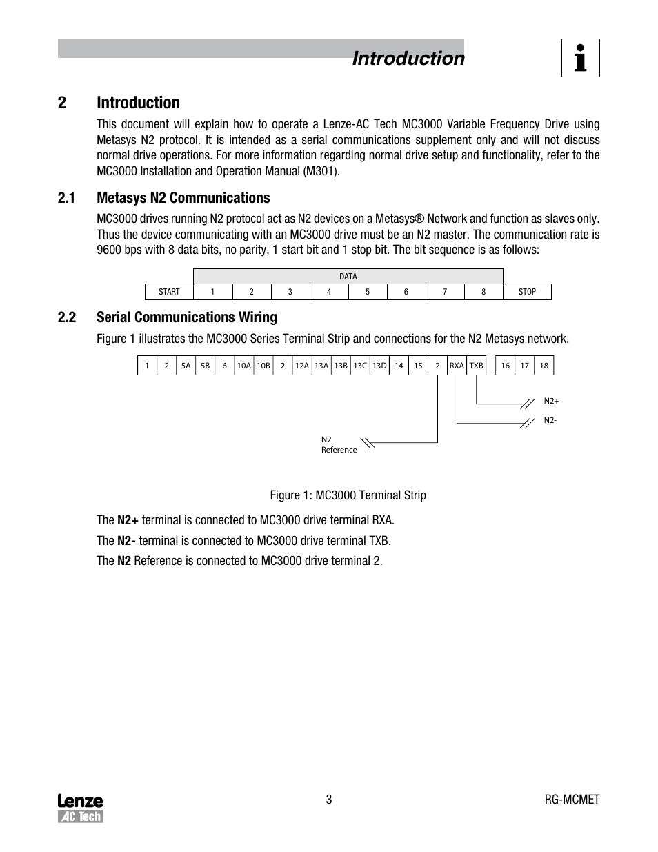 Introduction, 2introduction, 1 metasys n2 communications | 2 serial communications wiring | Lenze MC3000 Series Drives User Manual | Page 6 / 18