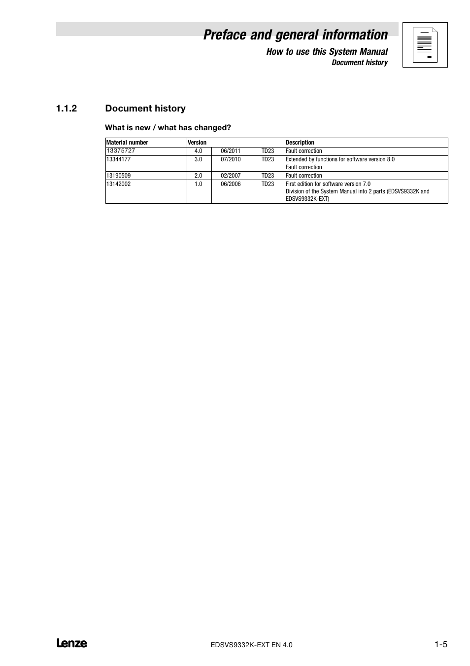 2 document history, Document history, Preface and general information | How to use this system manual | Lenze EVS9332xK User Manual | Page 11 / 386